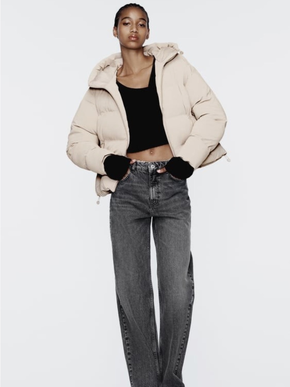 Zara Ecru/ Light Cream Hooded Puffer Jacket